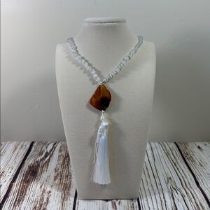Selenite Gemstone Bead Handmade Beaded Mala Necklace Agate Slab Guru Bead
